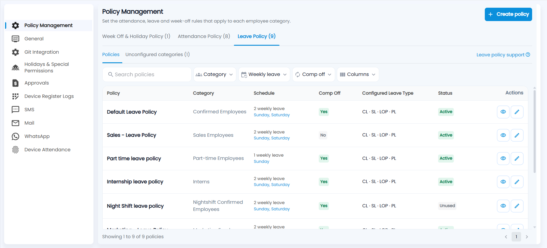 Leave Policy list showing Category, Schedule, Comp Off, Configured Leave Type and Status