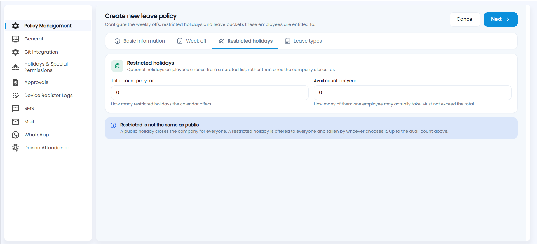 Restricted holidays tab with Total count per year and Avail count per year