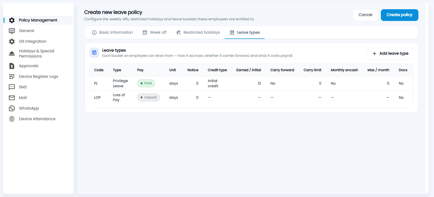 Leave types tab with the leave types table and the Add leave type button