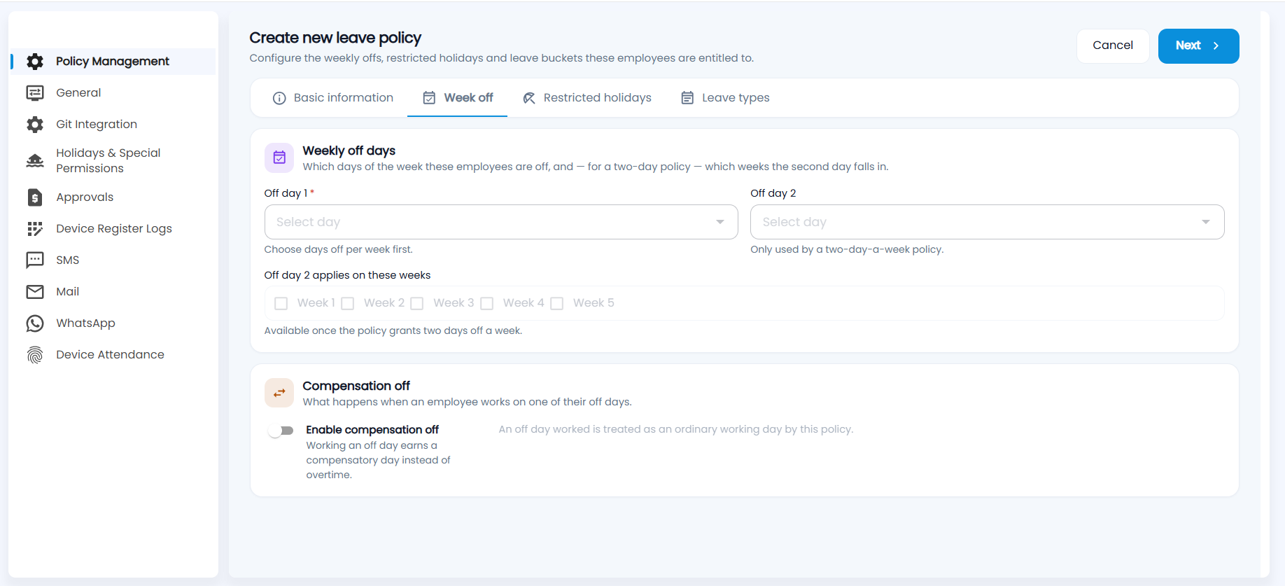 Week off tab with Off day 1, Off day 2, the Week 1 to Week 5 checkboxes and Enable compensation off