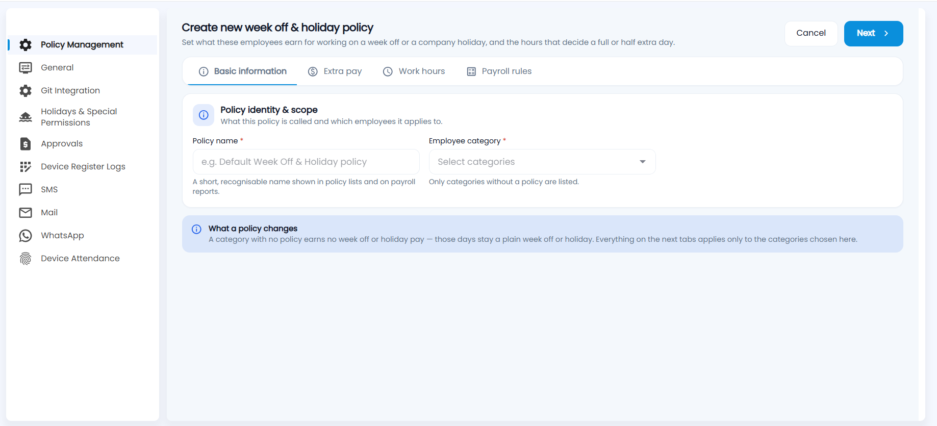 Create new week off & holiday policy — Basic information tab with Policy name and Employee category