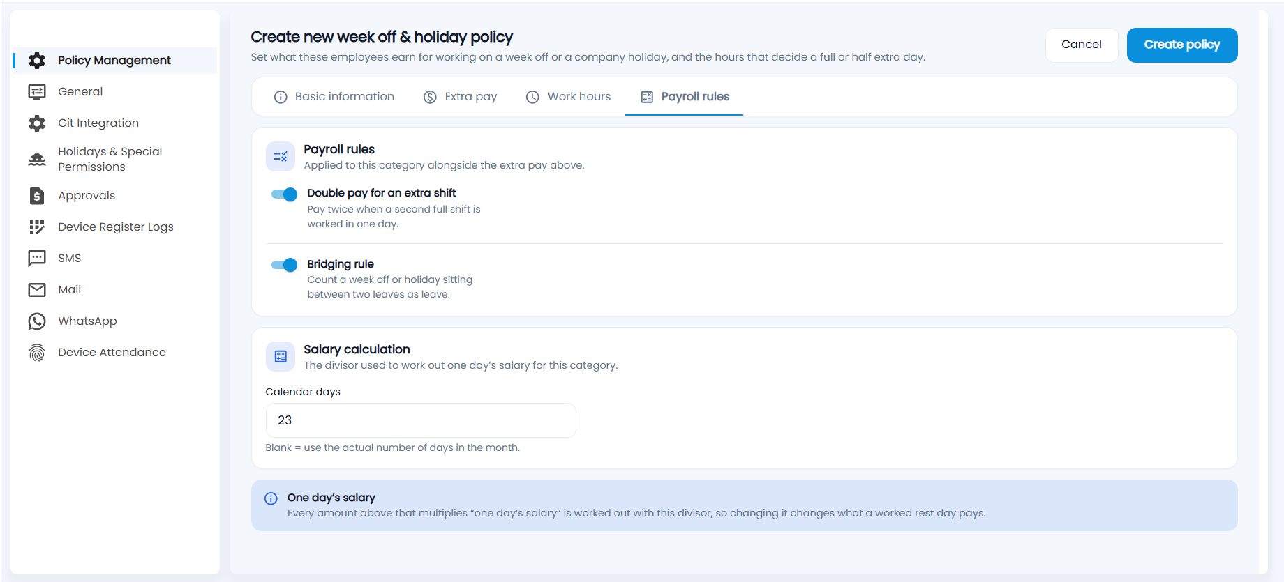 Payroll rules tab with Double pay for an extra shift, Bridging rule and Calendar days