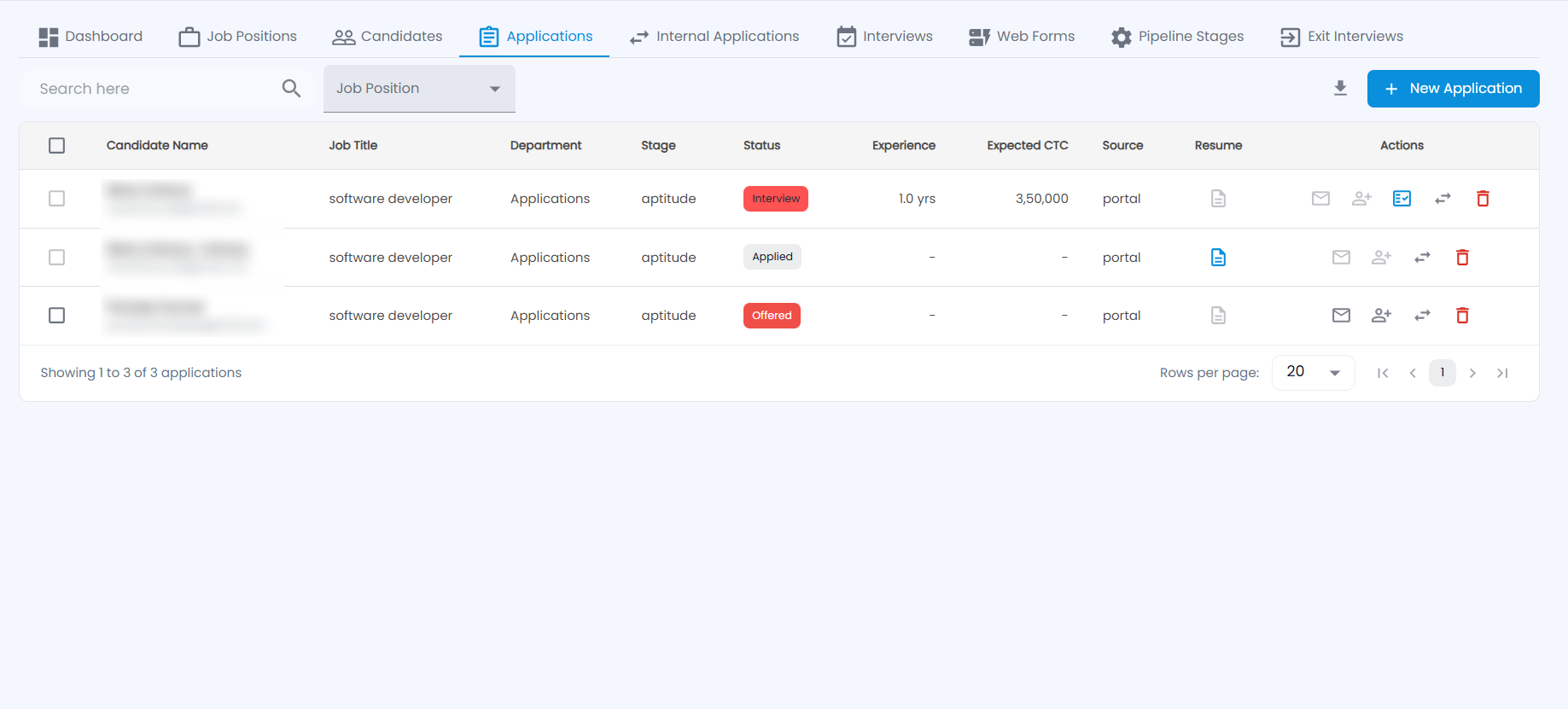 Tazk Payroll Recruitment Applications tab with the job position filter and applications showing stage, status, experience, expected CTC, source, resume and actions