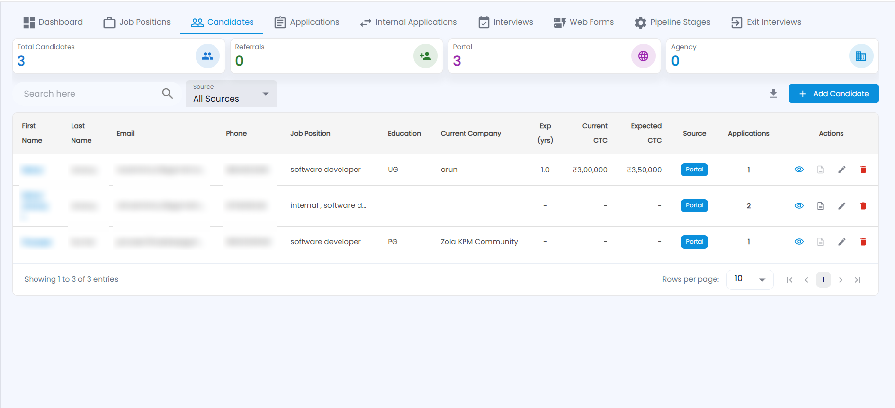 Tazk Payroll Recruitment Candidates tab with Total Candidates, Referrals, Portal and Agency cards, the source filter and the candidate list