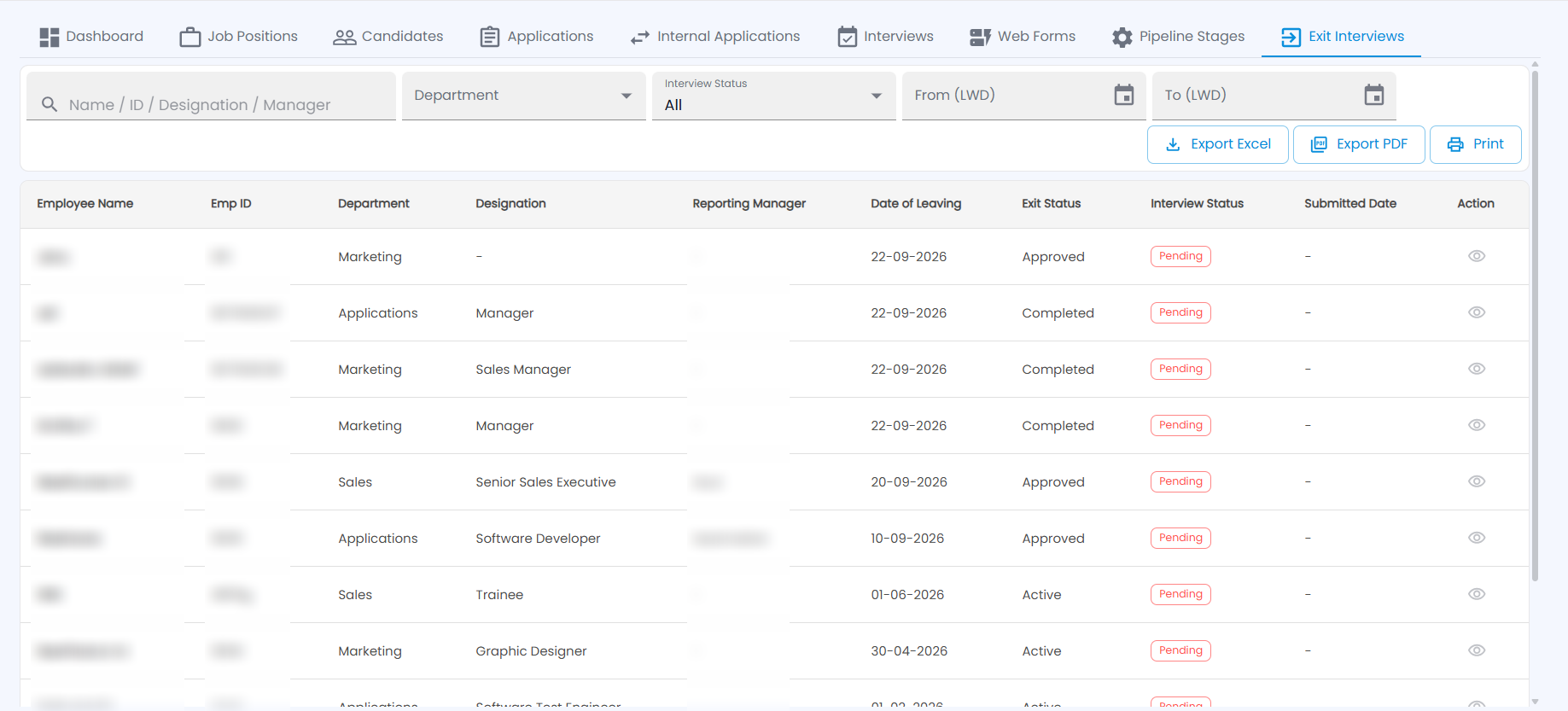 Tazk Payroll Recruitment Exit Interviews tab with search, department, interview status and last-working-day filters, export buttons and the list of leaving employees