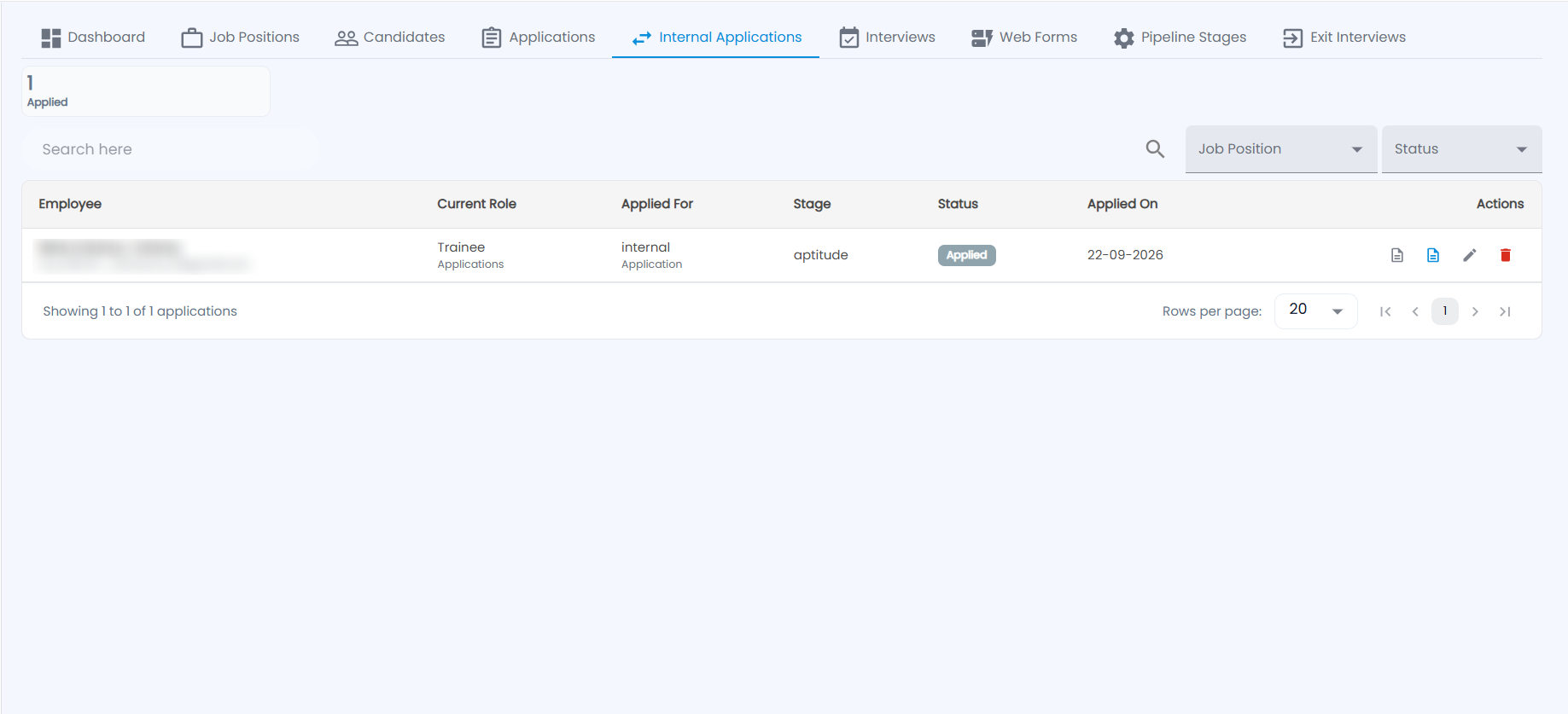 Tazk Payroll Recruitment Internal Applications tab with the status count, job position and status filters and employee applications