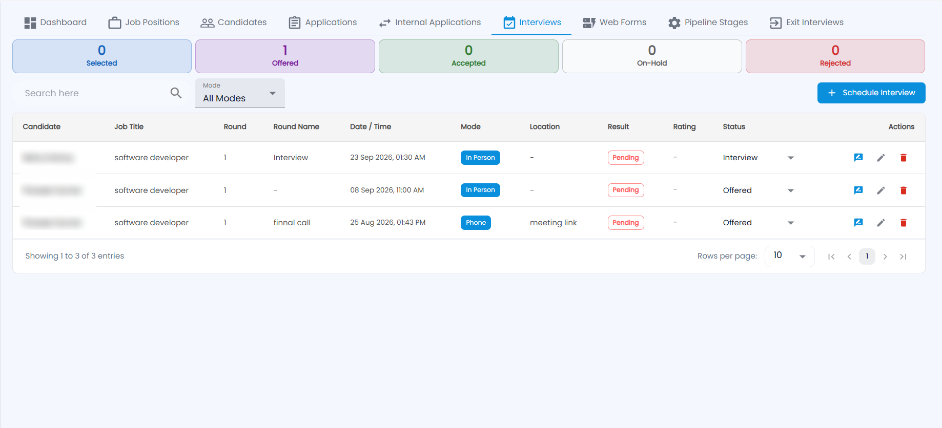 Tazk Payroll Recruitment Interviews tab with Selected, Offered, Accepted, On-Hold and Rejected cards, the mode filter and the interview list