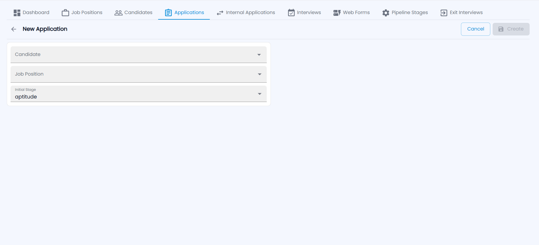 Tazk Payroll New Application form with Candidate, Job Position and Initial Stage