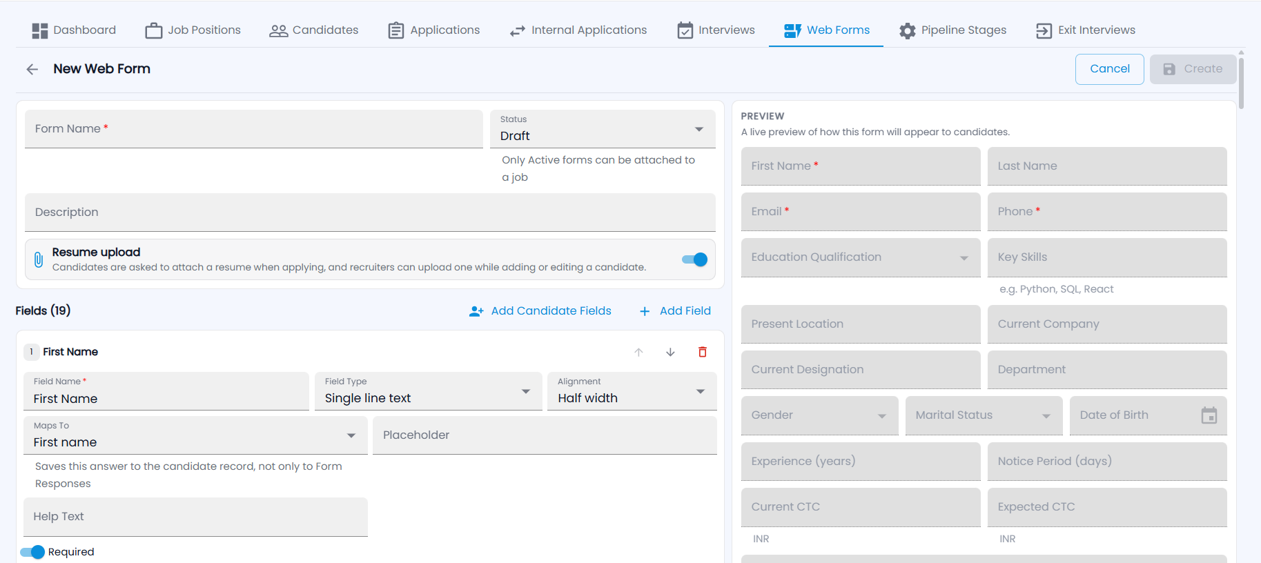 Tazk Payroll New Web Form with Form Name, Status, Description, Resume upload, the field editor and a live preview
