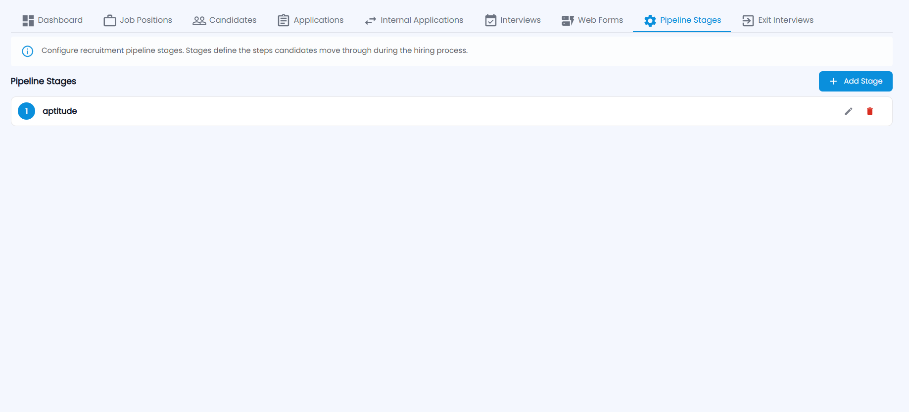 Tazk Payroll Recruitment Pipeline Stages tab with Add Stage and a numbered list of stages