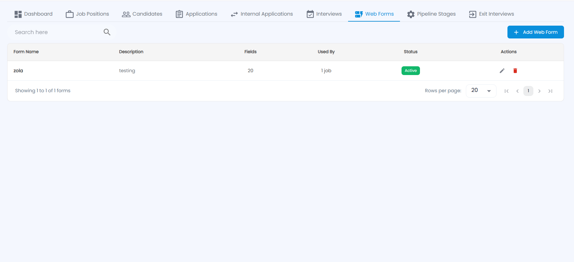 Tazk Payroll Recruitment Web Forms tab with each form name, description, fields, jobs using it and status