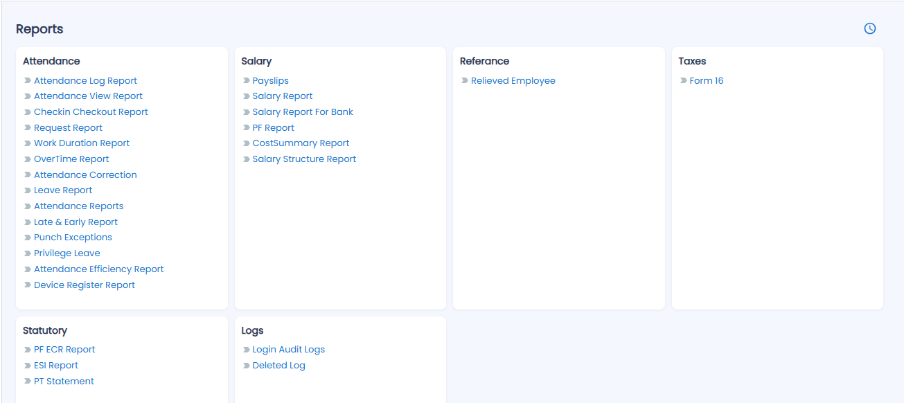 Reports page showing report categories and list of reports with search and filter options