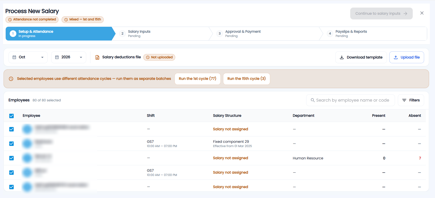 Tazk Payroll Process New Salary wizard, Setup & Attendance step, with month and year, the salary deductions file, the mixed attendance cycle warning and the employee list