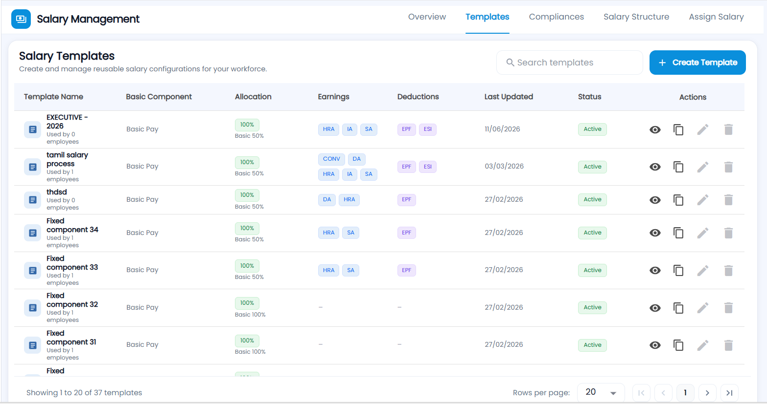 Tazk Payroll Salary Management Templates tab, Salary Templates list with basic component, allocation, earnings, deductions, last updated, status and actions