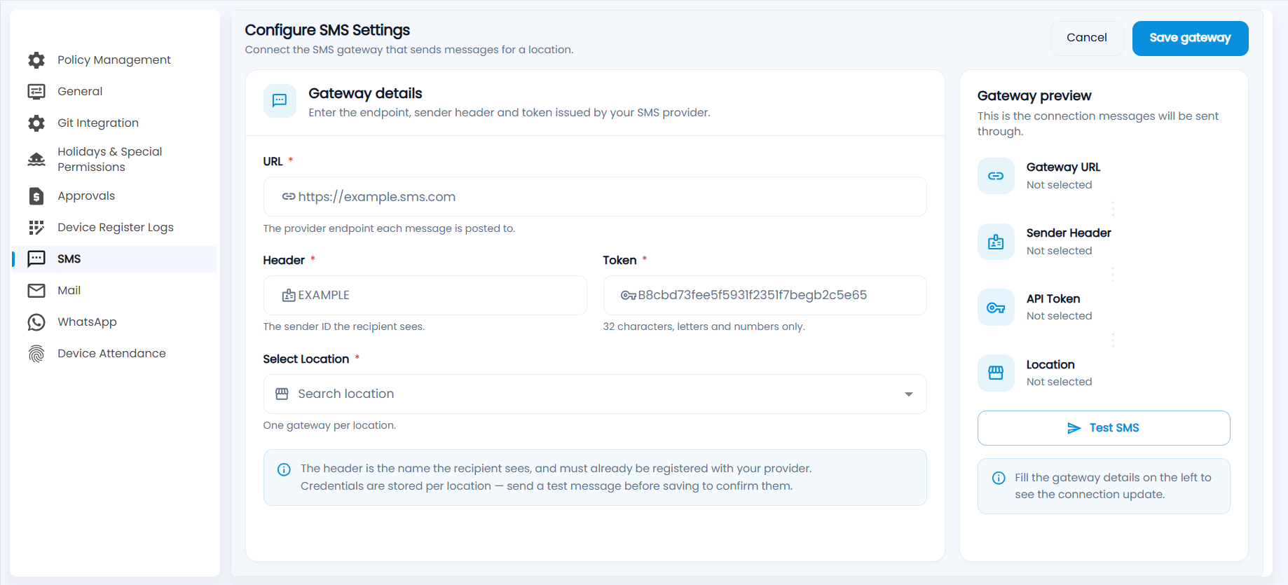 Tazk Payroll Configure SMS Settings with URL, Header, Token and Select Location and the Gateway preview with Test SMS