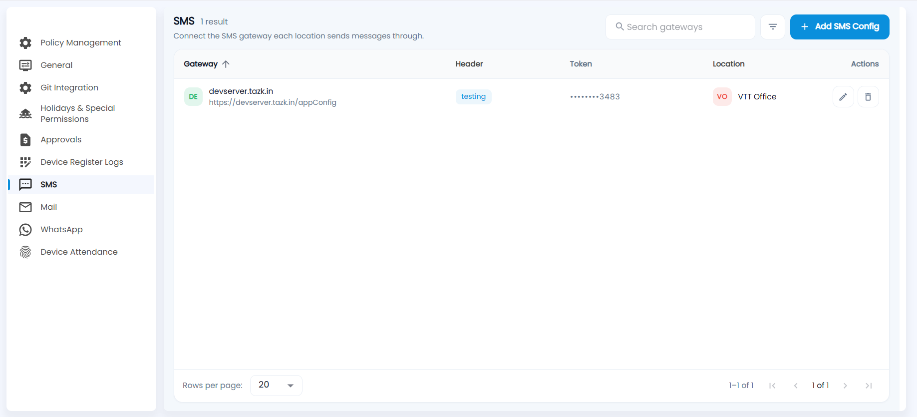 Tazk Payroll SMS configuration list with gateway, header, masked token and location