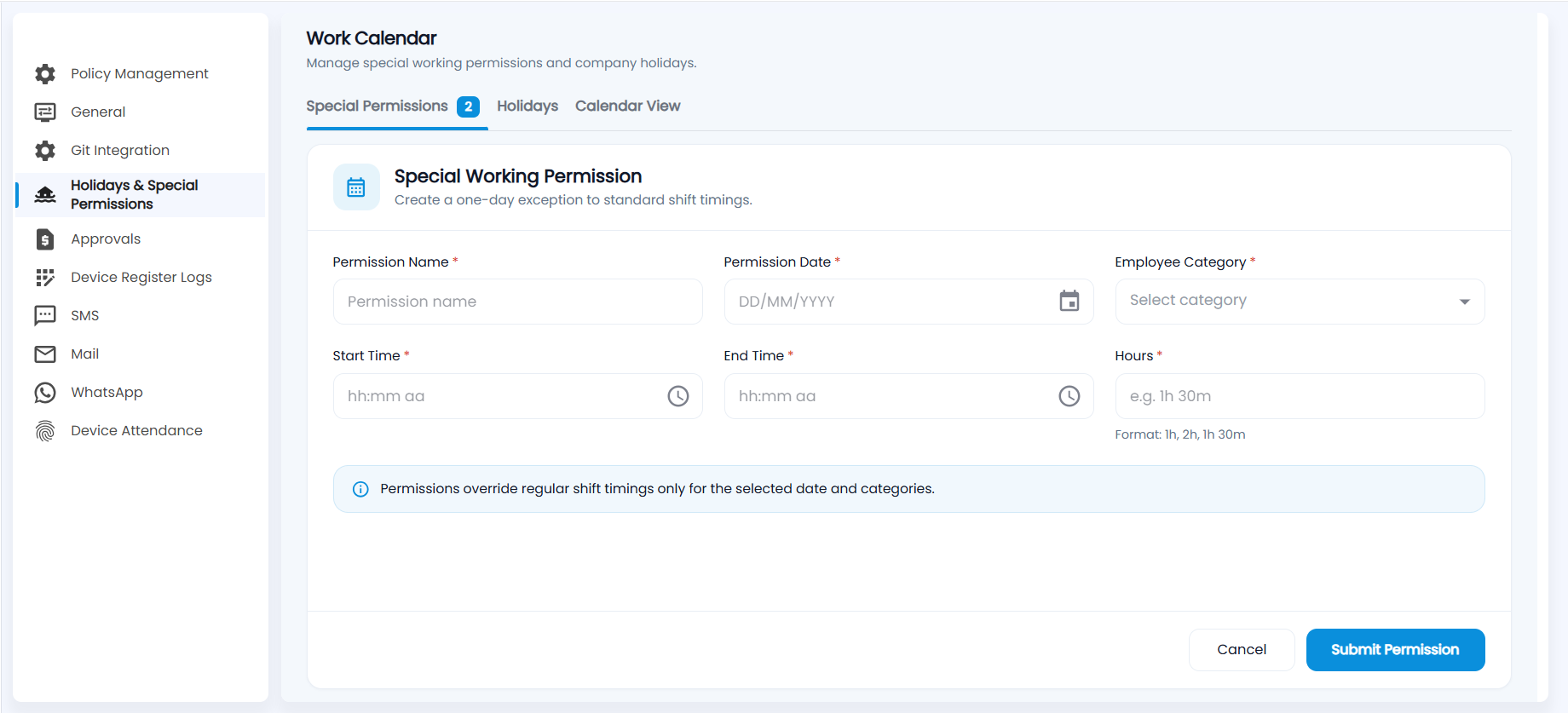 Tazk Payroll Special Working Permission form with Permission Name, Permission Date, Employee Category, Start Time, End Time and Hours