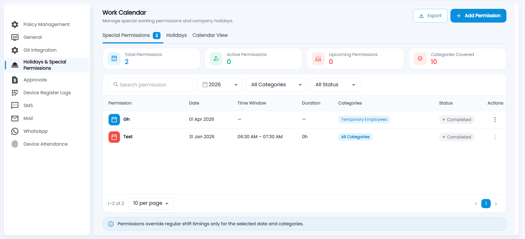 Tazk Payroll Work Calendar Special Permissions tab with Total, Active and Upcoming Permissions and Categories Covered cards, filters and the permission list