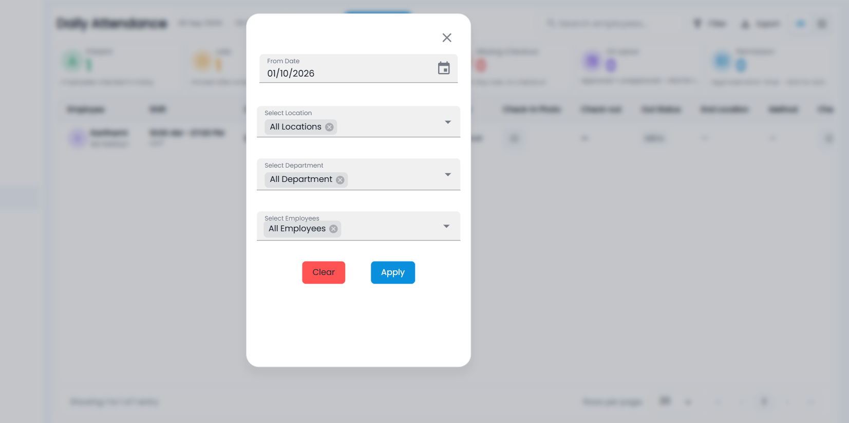Tazk Payroll Daily Attendance Filter dialog with From Date, Select Location, Select Department and Select Employees
