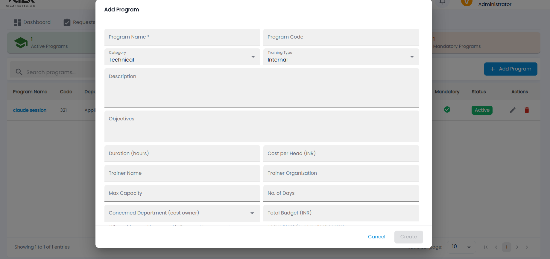 Tazk Payroll Add Program dialog with Program Name, Code, Category, Training Type, Description, Objectives, duration, cost, trainer, capacity, department and budget