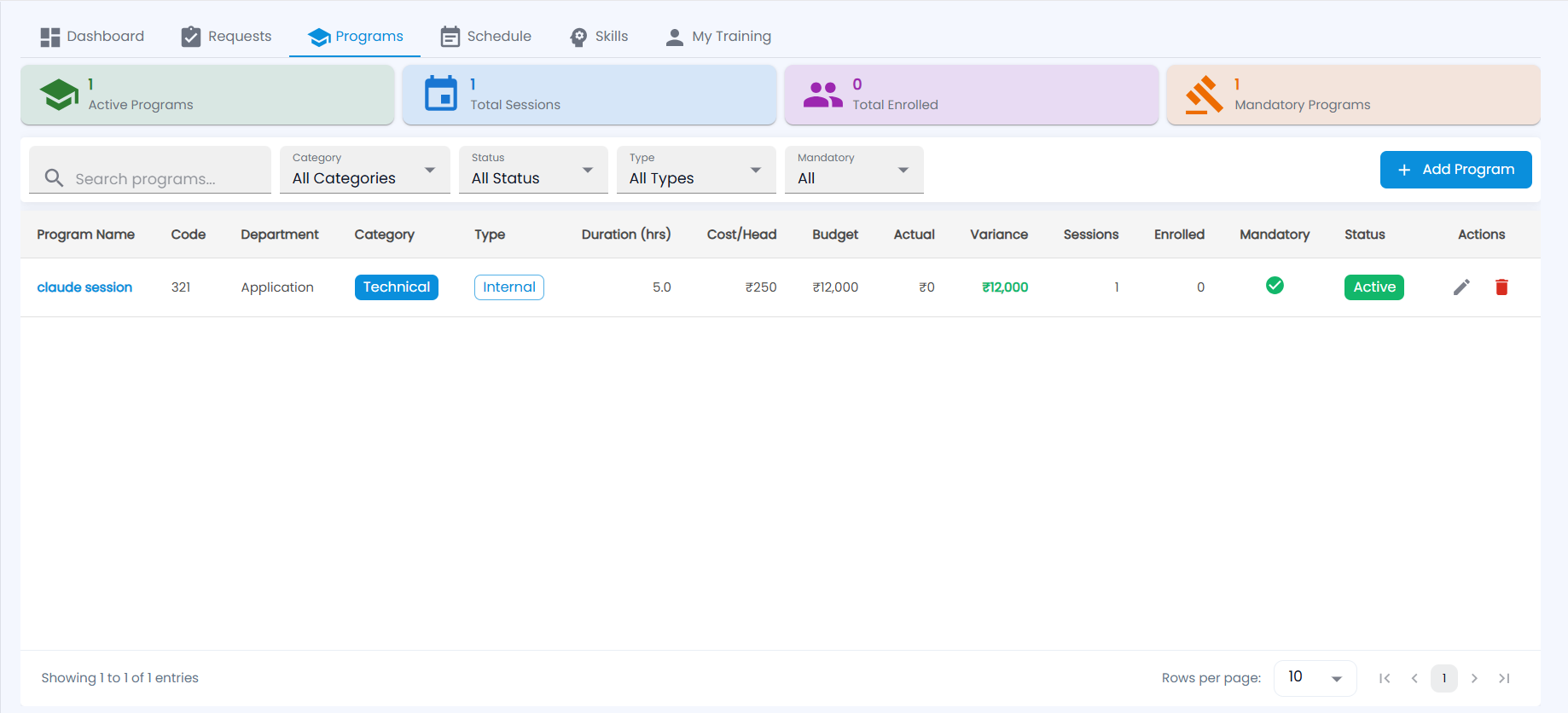 Tazk Payroll Training & LMS Programs tab with Active Programs, Total Sessions, Total Enrolled and Mandatory Programs cards, filters and the program list