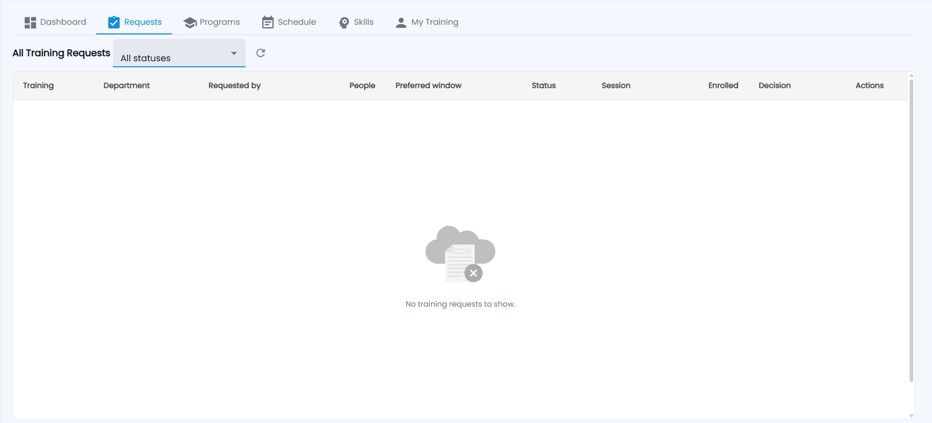 Tazk Payroll Training & LMS Requests tab, All Training Requests with the status filter and columns