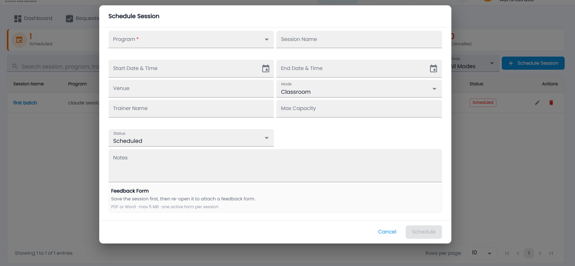 Tazk Payroll Schedule Session dialog with Program, Session Name, start and end, Venue, Mode, Trainer, Max Capacity, Status, Notes and Feedback Form