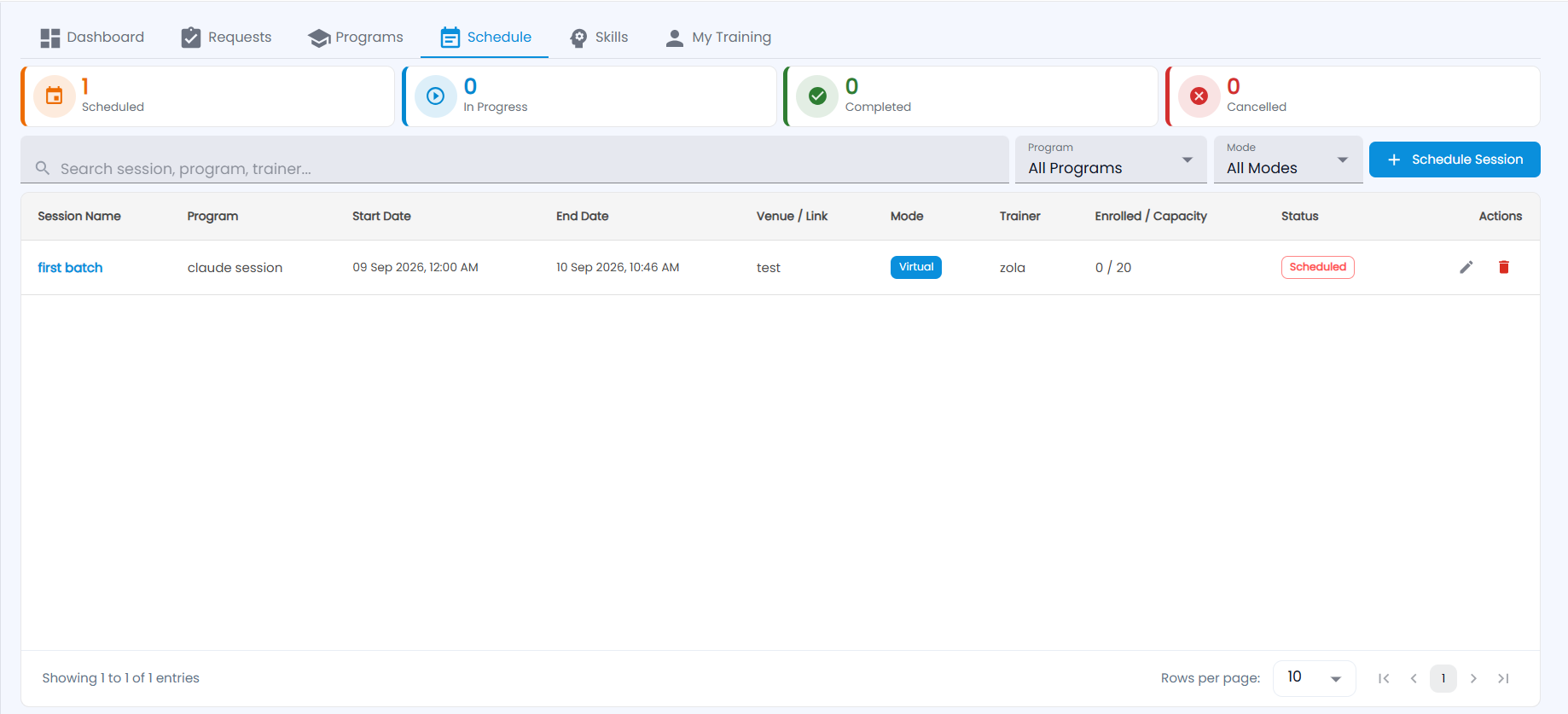 Tazk Payroll Training & LMS Schedule tab with Scheduled, In Progress, Completed and Cancelled cards and the session list