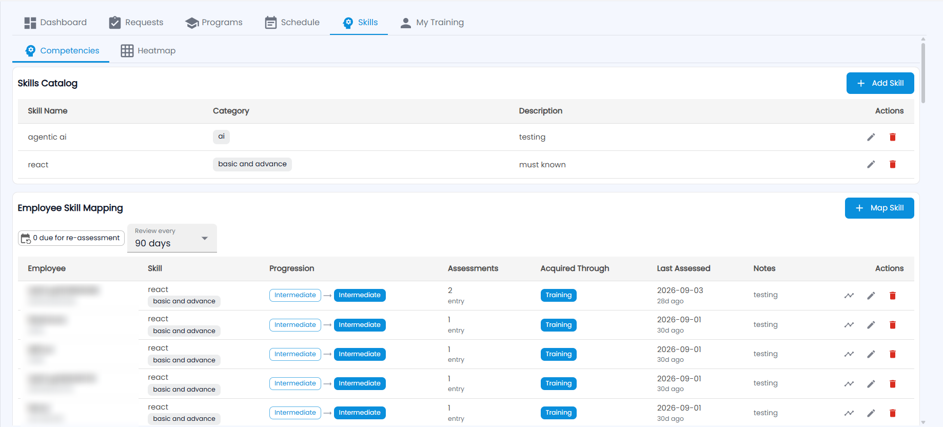 Tazk Payroll Training & LMS Skills, Competencies, with the Skills Catalog and Employee Skill Mapping showing progression, assessments and acquired through