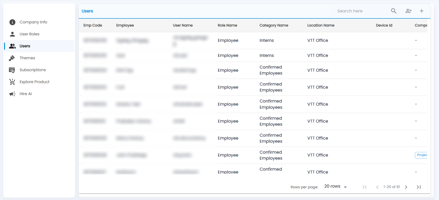 Tazk Payroll Settings Users list with emp code, employee, user name, role name, category name, location name and device ID