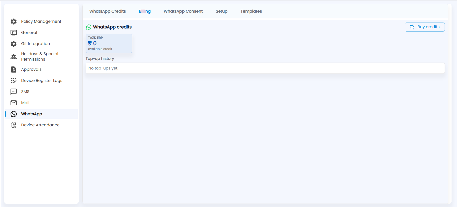 Tazk Payroll WhatsApp Billing with available credit, Buy credits and top-up history