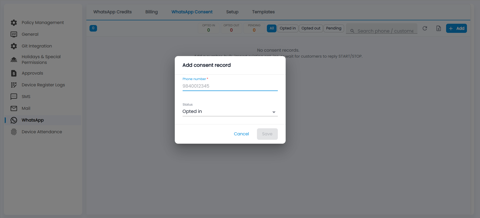 Tazk Payroll WhatsApp Consent with Opted in, Opted out and Pending counts and the Add consent record dialog