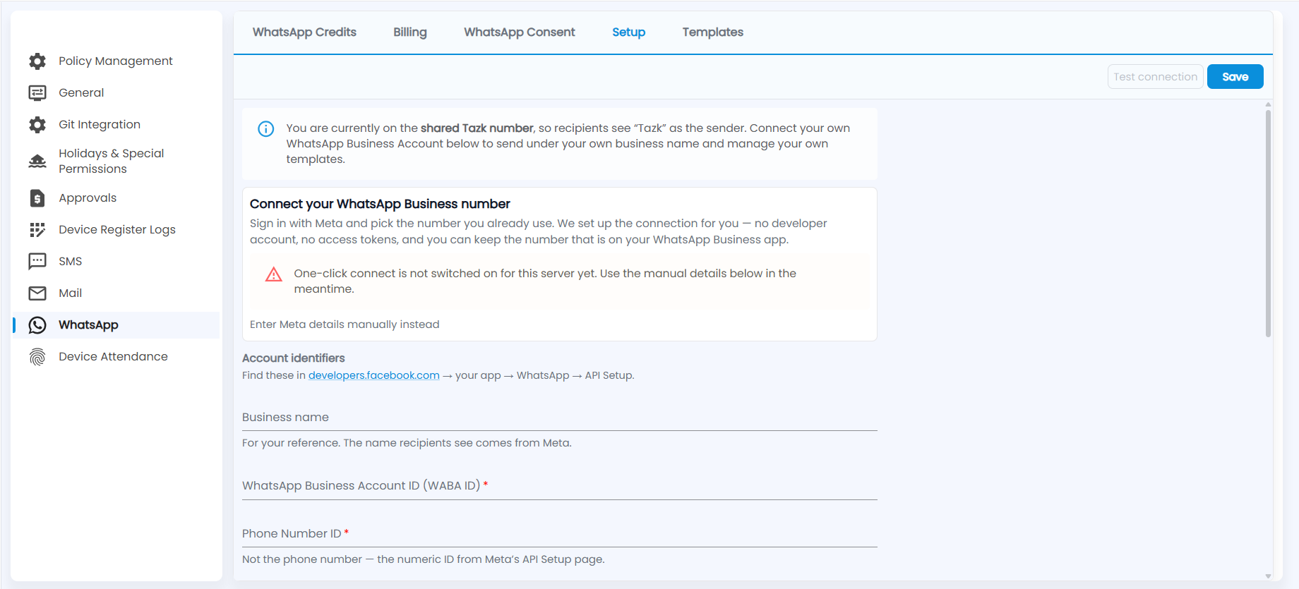 Tazk Payroll WhatsApp Setup with the shared Tazk number notice, Connect your WhatsApp Business number and the Meta account identifiers