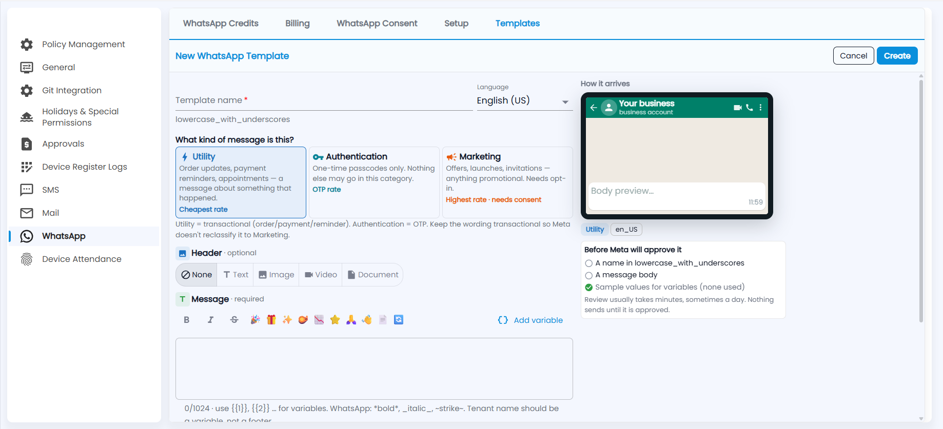 Tazk Payroll New WhatsApp Template with name, language, message kind, header, message editor, the How it arrives preview and the Meta approval checklist