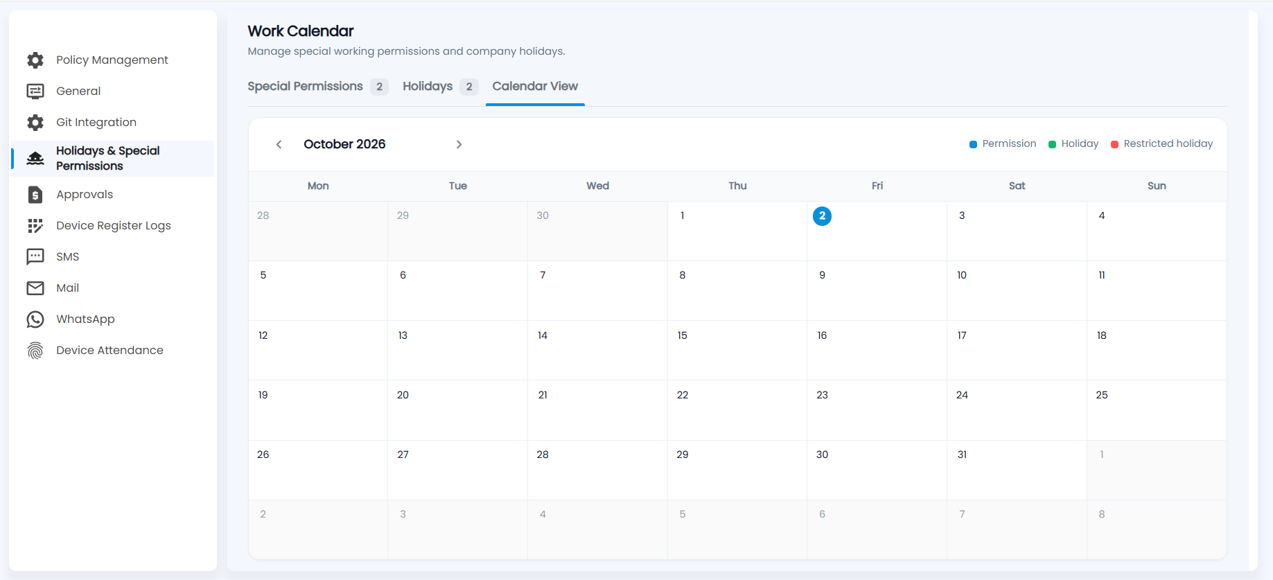 Tazk Payroll Work Calendar Calendar View for October 2026 with the Permission, Holiday and Restricted holiday legend