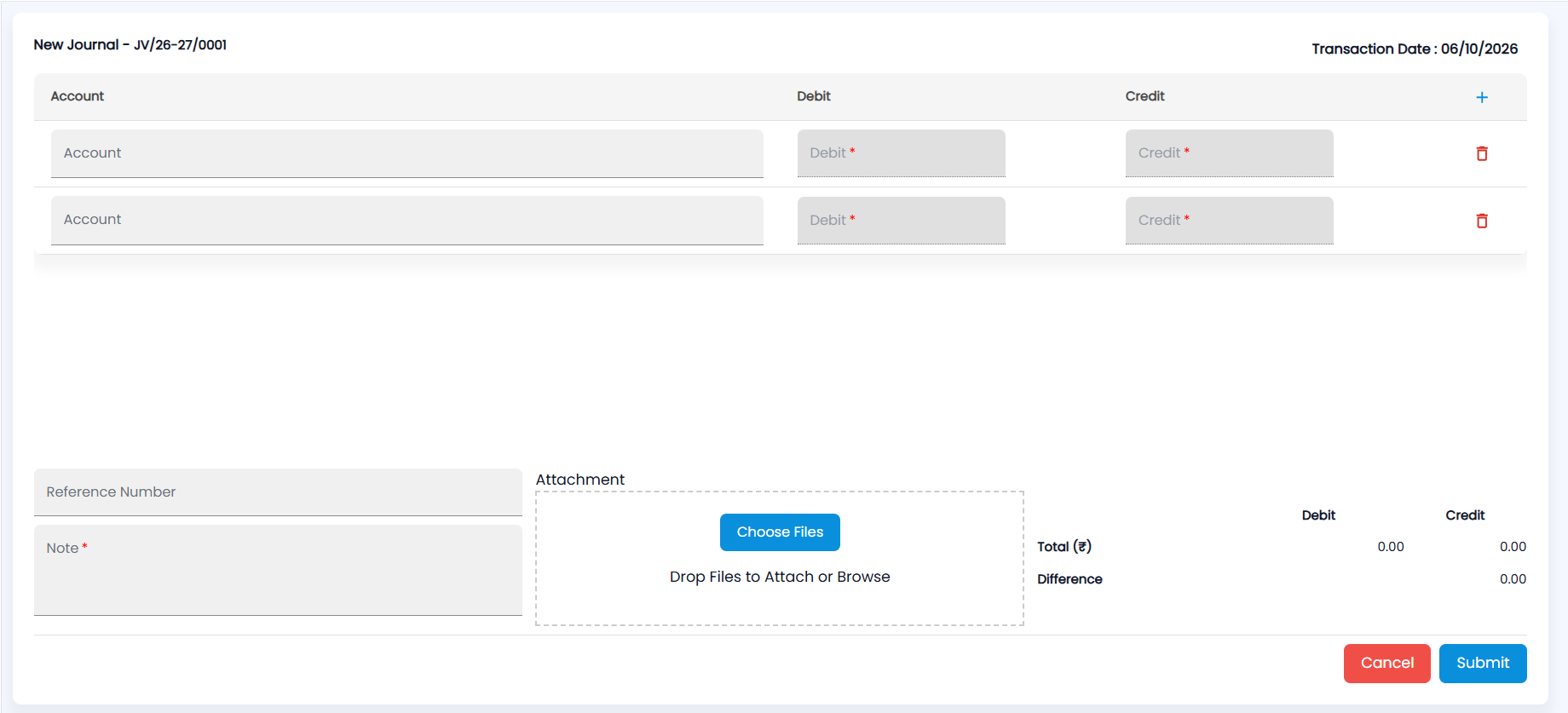 Tazk POS New Journal form with Account, Debit and Credit rows, Reference Number, Note, Attachment and the Total and Difference panel