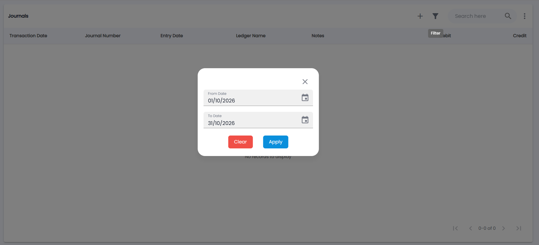 Tazk POS Journals filter with From Date and To Date set to the current month