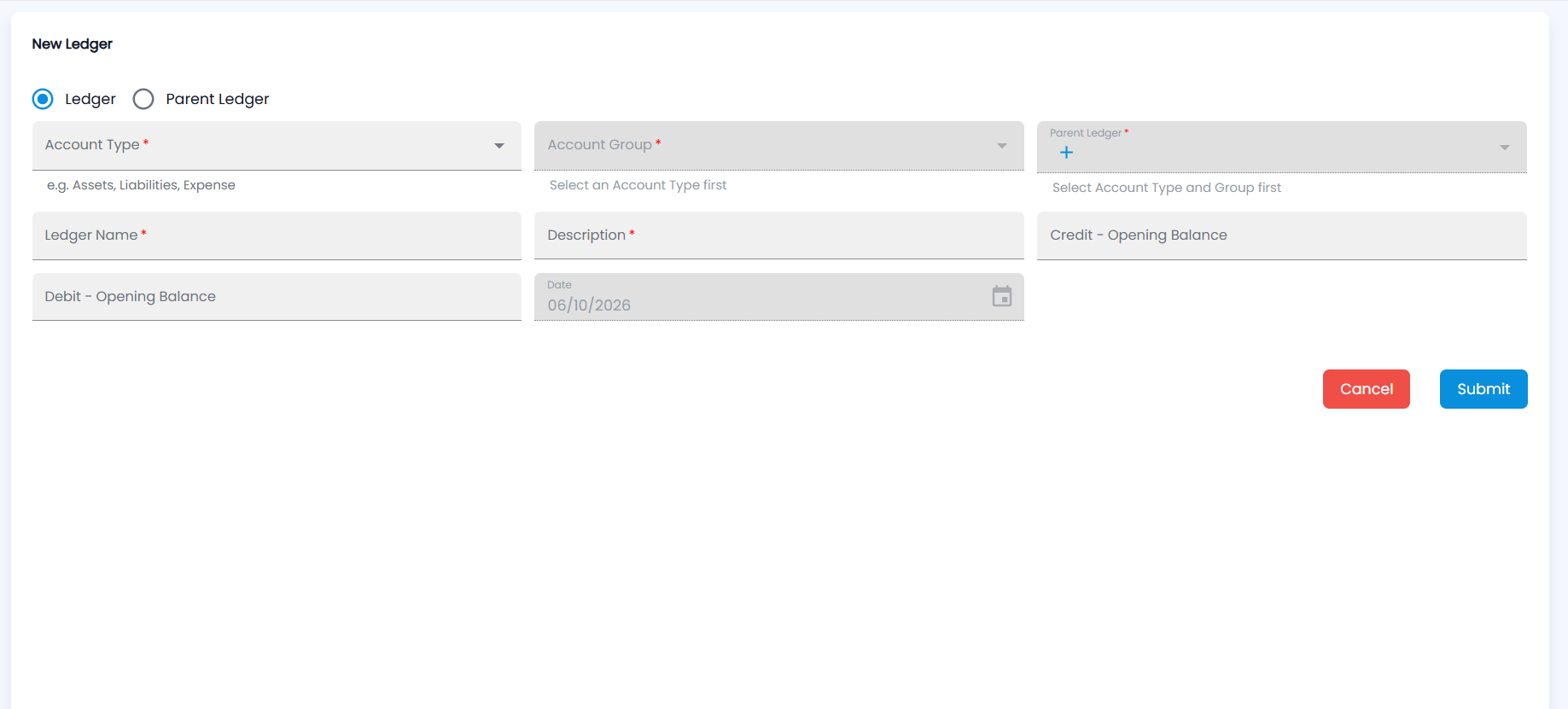 Tazk POS New Ledger form with Ledger or Parent Ledger, Account Type, Account Group, Parent Ledger, Ledger Name, Description, Credit and Debit opening balance and Date