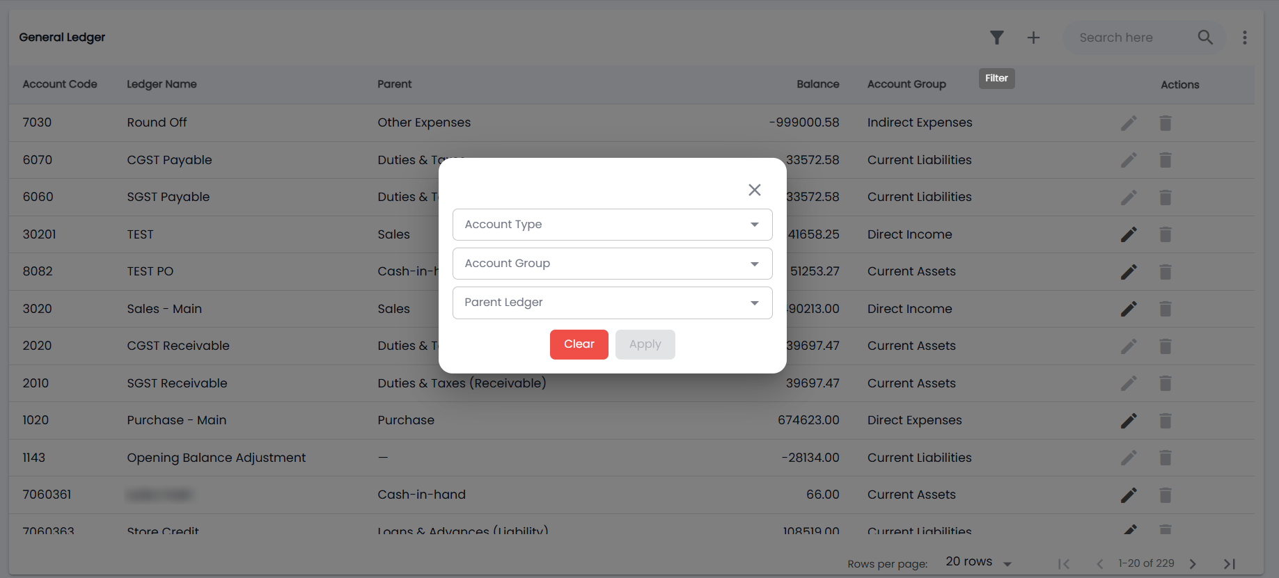 Tazk POS General Ledger filter with Account Type, Account Group and Parent Ledger
