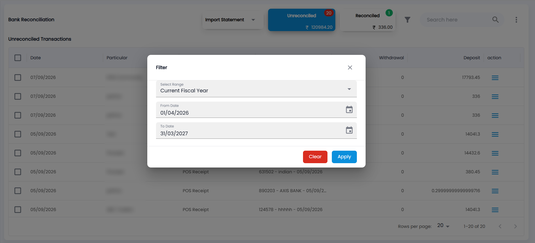 Tazk POS Bank Reconciliation filter with Select Range set to Current Fiscal Year and From Date and To Date