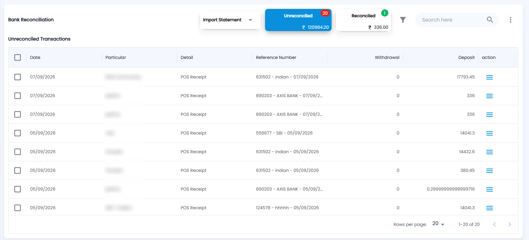 Tazk POS Bank Reconciliation with Import Statement, the Unreconciled and Reconciled cards and the Unreconciled Transactions list