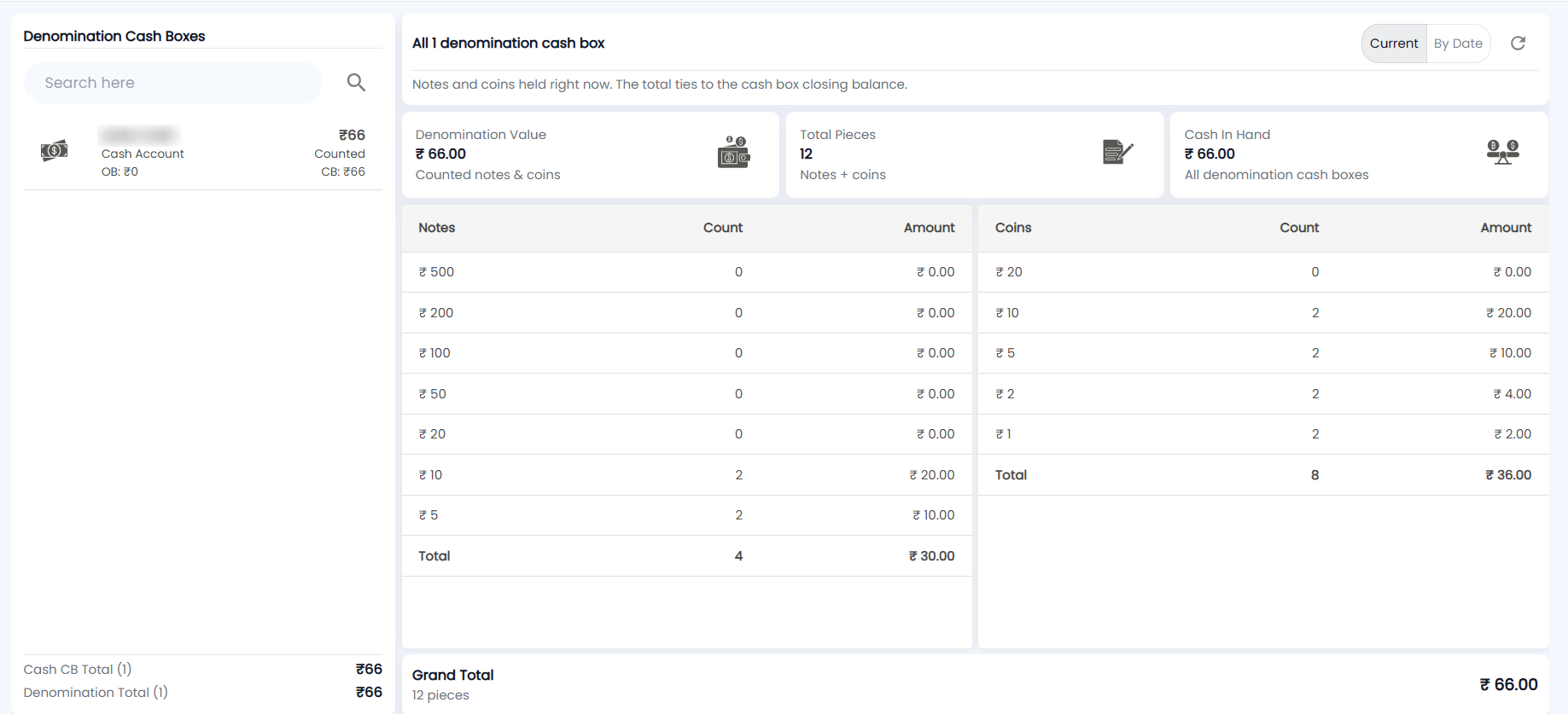 Tazk POS Denomination page with the Denomination Cash Boxes list, Current and By Date, Denomination Value, Total Pieces and Cash In Hand cards, the Notes and Coins tables and the Grand Total