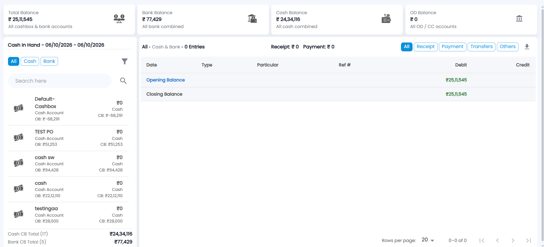 Tazk POS Cash In Hand with Total Balance, Bank Balance, Cash Balance and OD Balance cards, the account list and the entries panel