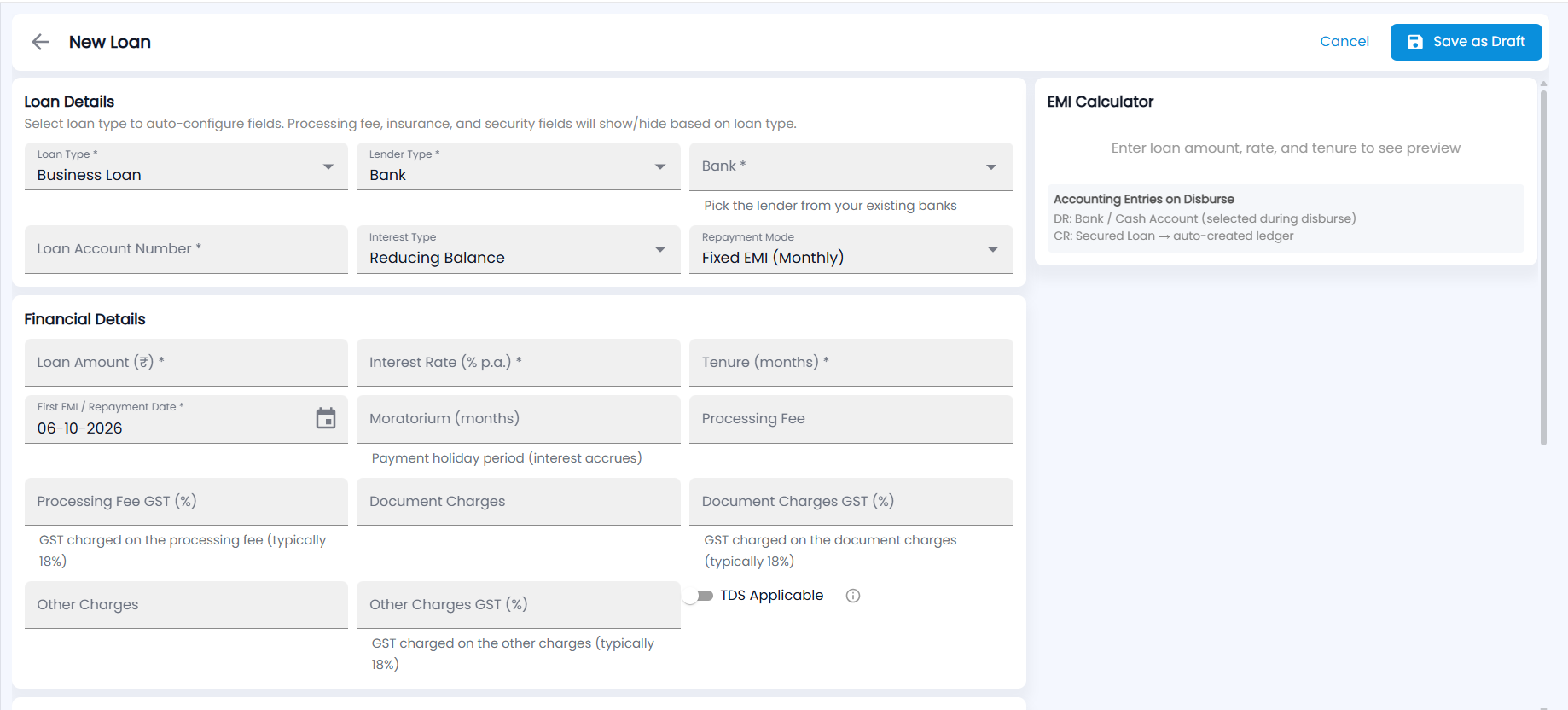 Tazk POS New Loan form with Loan Details, Financial Details and the EMI Calculator with Accounting Entries on Disburse