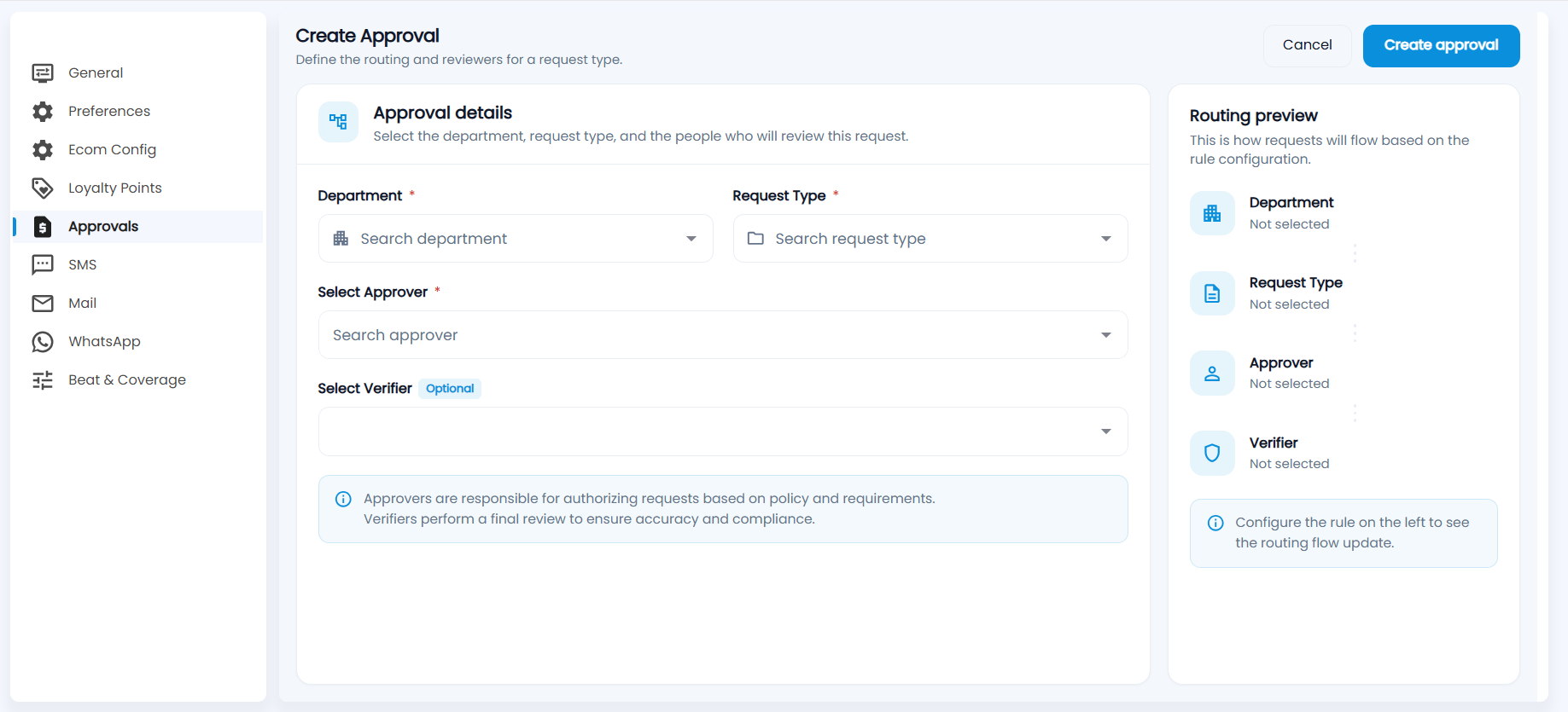 Tazk POS Create Approval with Department, Request Type, Select Approver, Select Verifier and the Routing preview