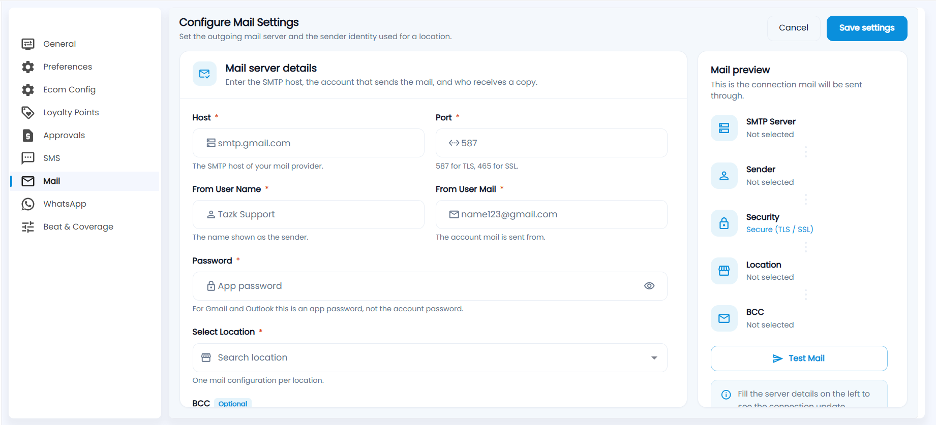 Tazk POS Configure Mail Settings with Host, Port, From User Name, From User Mail, Password, Select Location, BCC, the Mail preview and Test Mail