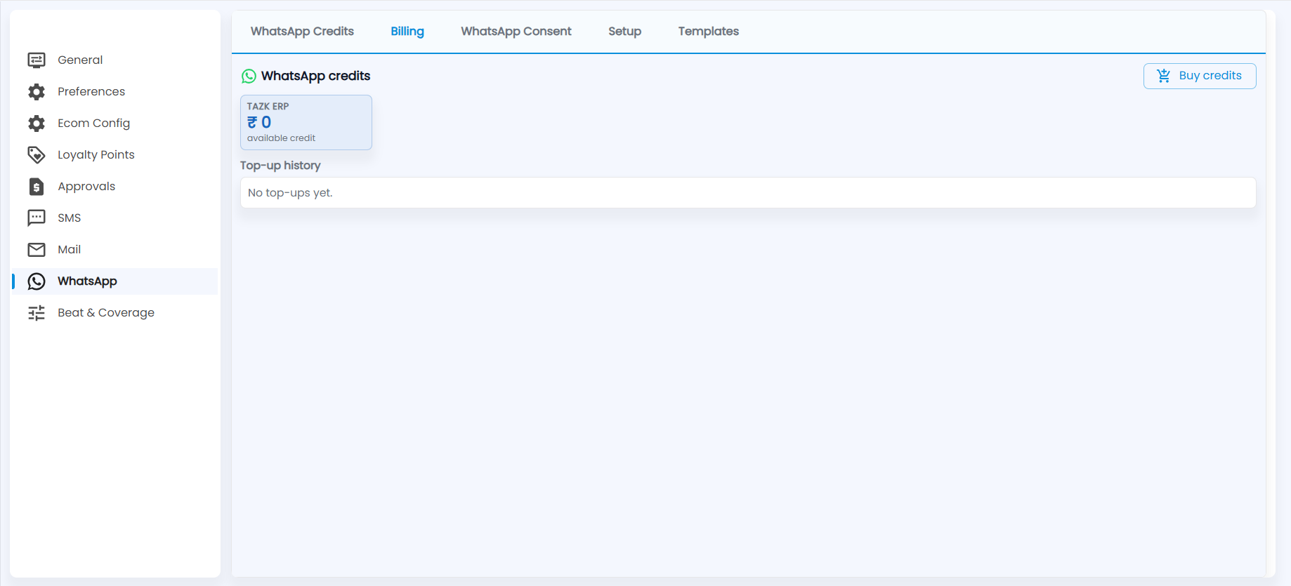 Tazk POS WhatsApp Billing with the available credit card, Buy credits and Top-up history