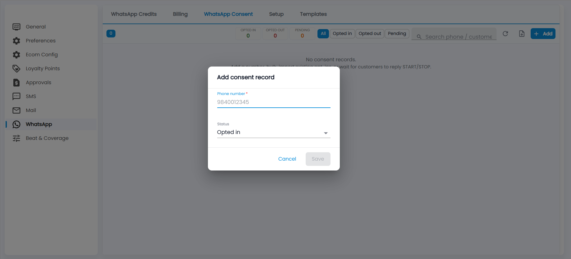 Tazk POS Add consent record dialog with Phone number and Status