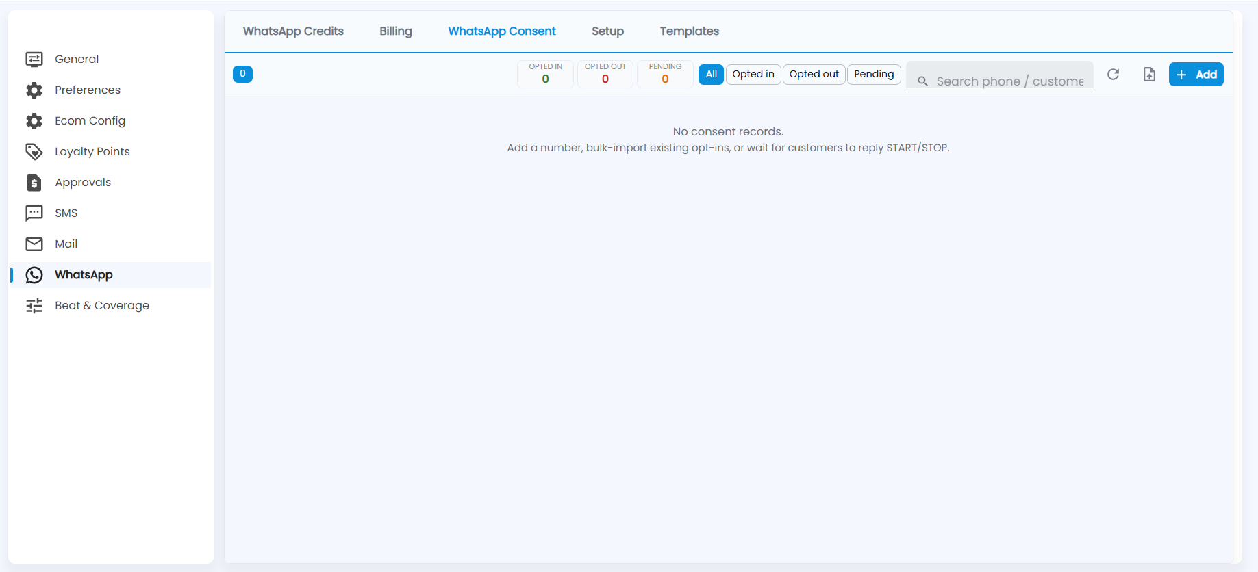 Tazk POS WhatsApp Consent with Opted in, Opted out and Pending counts and chips, search, refresh, bulk import and Add