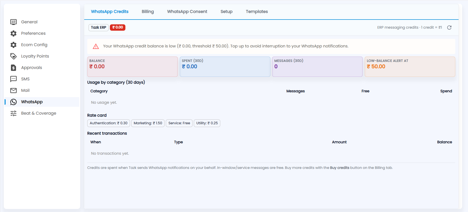 Tazk POS WhatsApp Credits with the low-balance warning, Balance, Spent, Messages and Low-balance alert cards, Usage by category, Rate card and Recent transactions